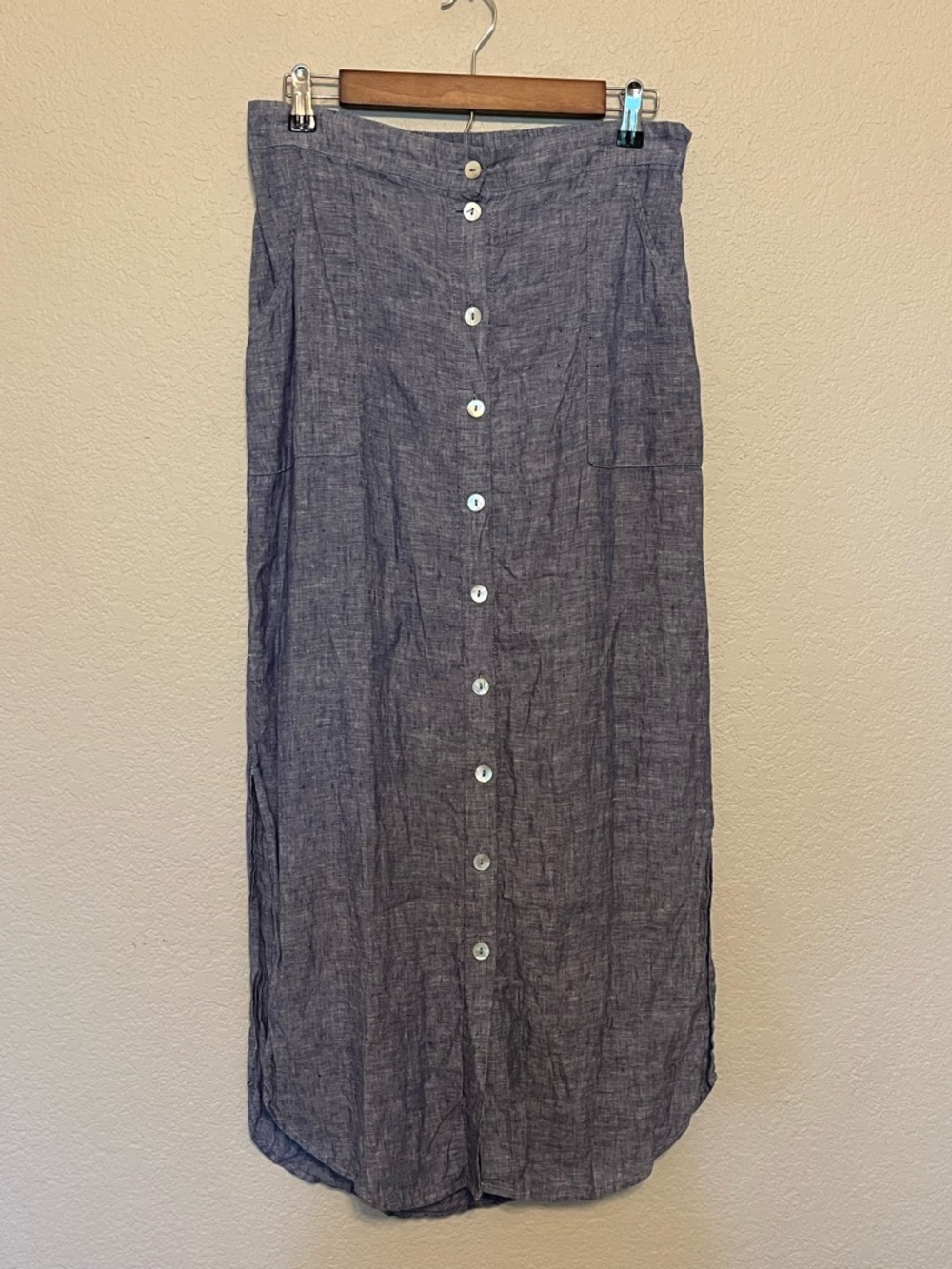 Antibes Blanc Blue Linen Denim Style Button Front Maxi Skirt Size Large
